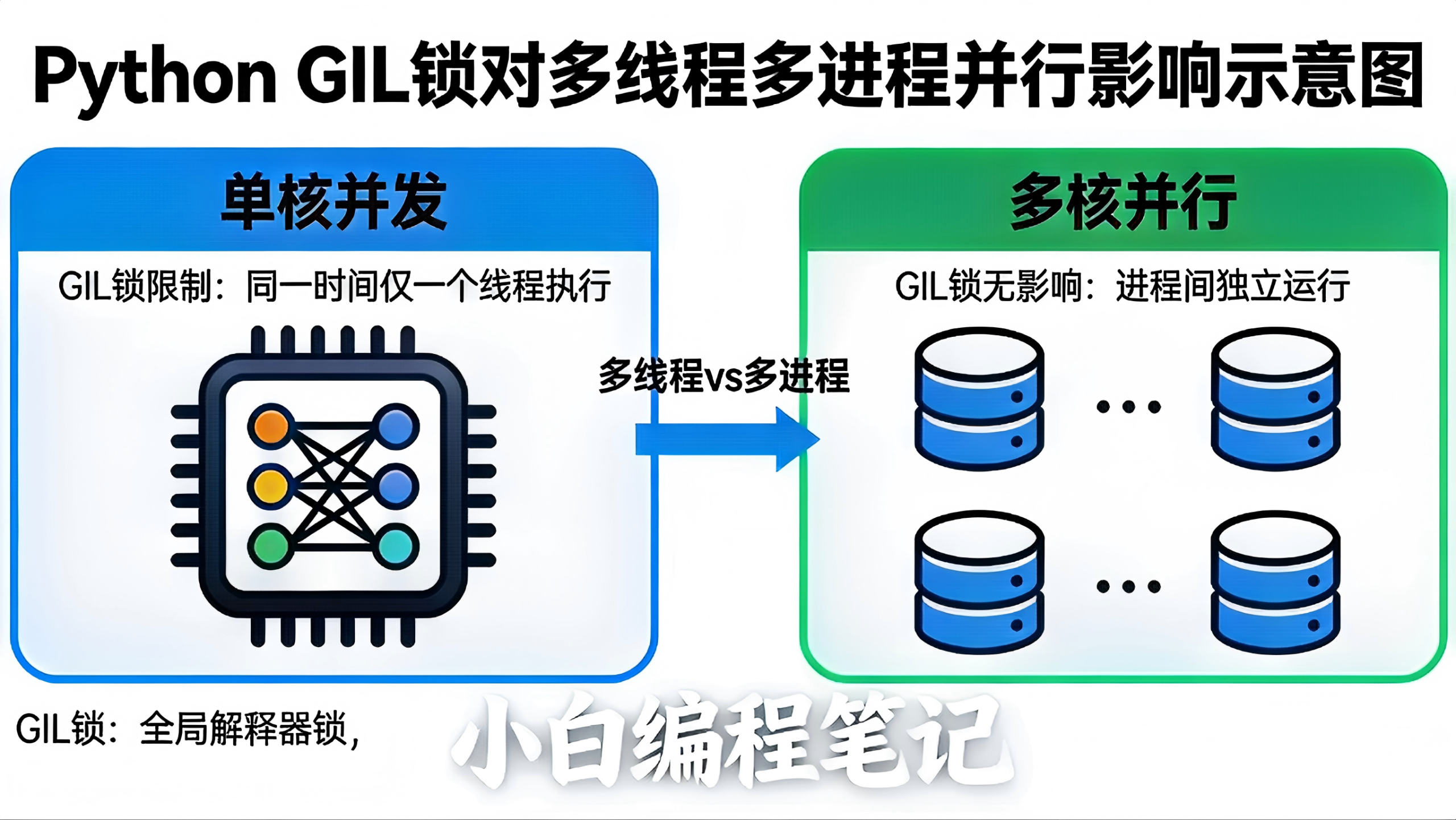 Python多线程与多进程 GIL锁对多线程多进程并行影响示意图