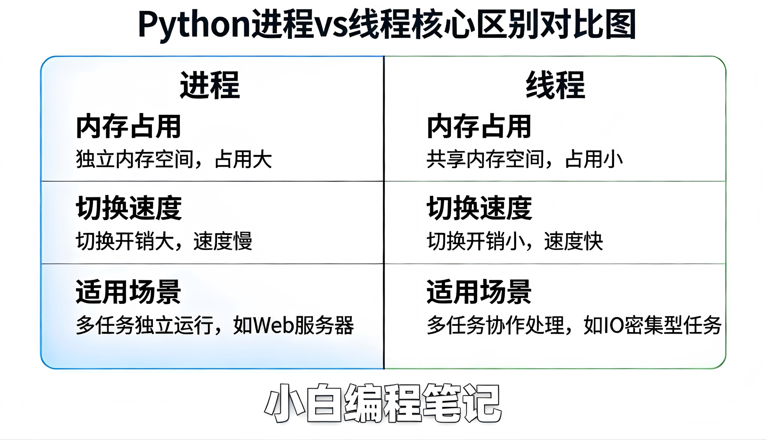 Python多线程与多进程 进程vs线程核心区别对比图 内存/资源/切换/适用场景